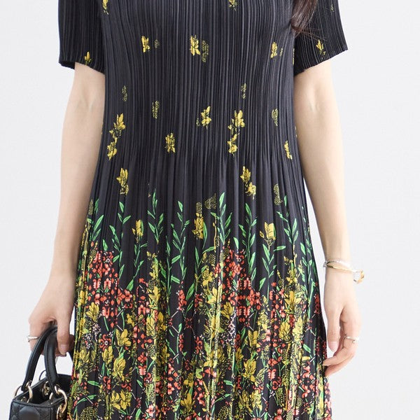 ブラック ボタニカル柄 総プリーツ ワンピース 半袖 ミディ丈 グラデーション