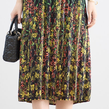 ブラック ボタニカル柄 総プリーツ ワンピース 半袖 ミディ丈 グラデーション