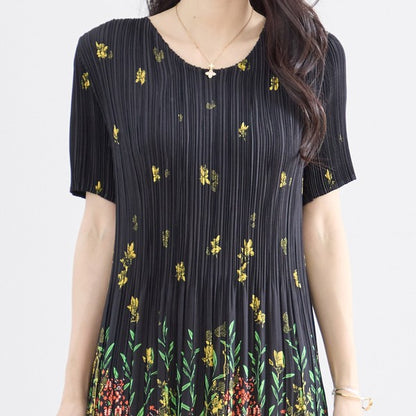 ブラック ボタニカル柄 総プリーツ ワンピース 半袖 ミディ丈 グラデーション