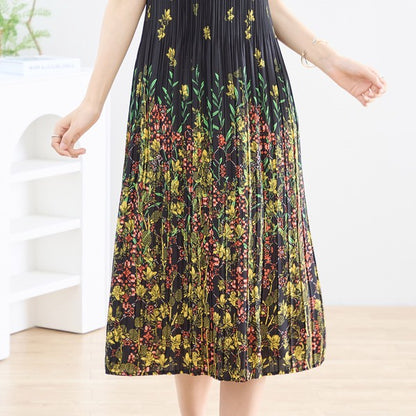 ブラック ボタニカル柄 総プリーツ ワンピース 半袖 ミディ丈 グラデーション