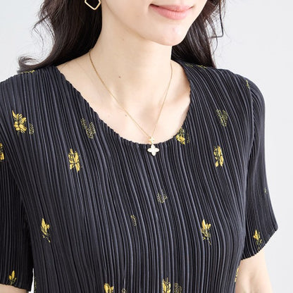 ブラック ボタニカル柄 総プリーツ ワンピース 半袖 ミディ丈 グラデーション