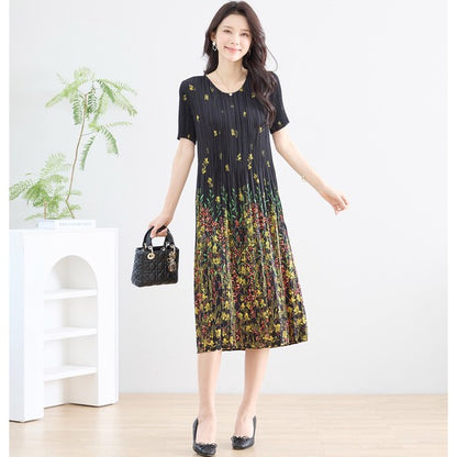 ブラック ボタニカル柄 総プリーツ ワンピース 半袖 ミディ丈 グラデーション