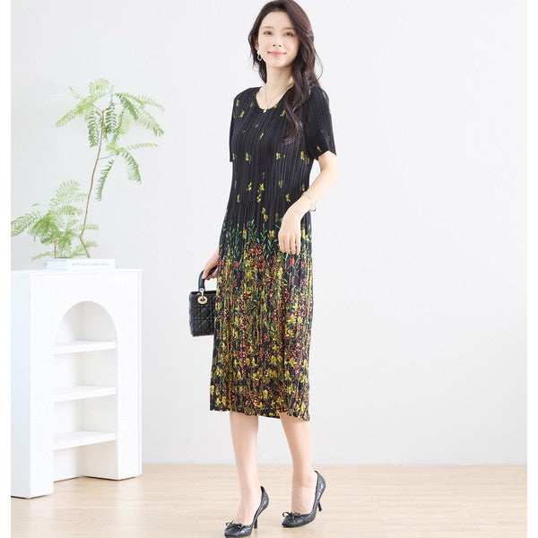 ブラック ボタニカル柄 総プリーツ ワンピース 半袖 ミディ丈 グラデーション