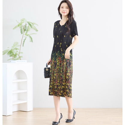 ブラック ボタニカル柄 総プリーツ ワンピース 半袖 ミディ丈 グラデーション