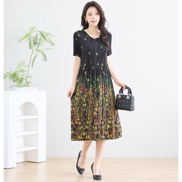 ブラック ボタニカル柄 総プリーツ ワンピース 半袖 ミディ丈 グラデーション