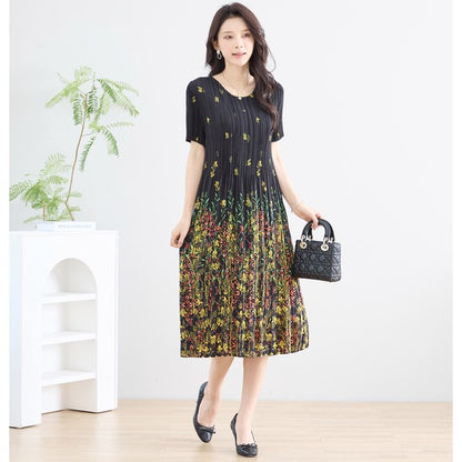 ブラック ボタニカル柄 総プリーツ ワンピース 半袖 ミディ丈 グラデーション