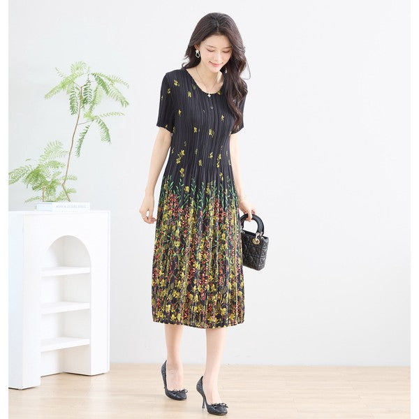ブラック ボタニカル柄 総プリーツ ワンピース 半袖 ミディ丈 グラデーション