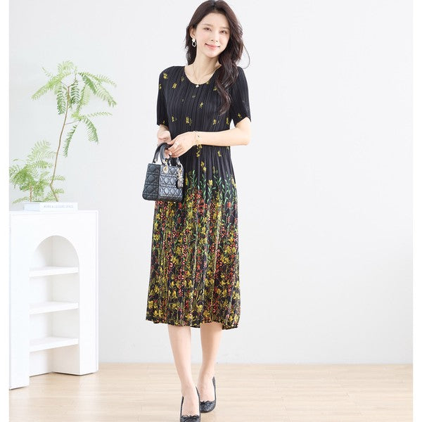 ブラック ボタニカル柄 総プリーツ ワンピース 半袖 ミディ丈 グラデーション