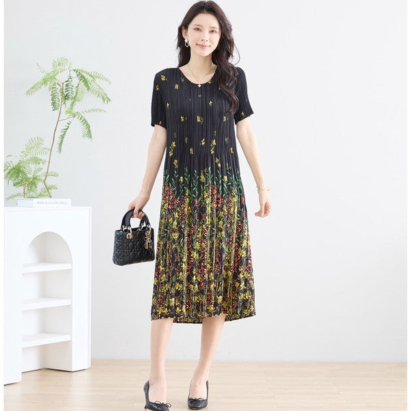 ブラック ボタニカル柄 総プリーツ ワンピース 半袖 ミディ丈 グラデーション