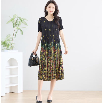 ブラック ボタニカル柄 総プリーツ ワンピース 半袖 ミディ丈 グラデーション