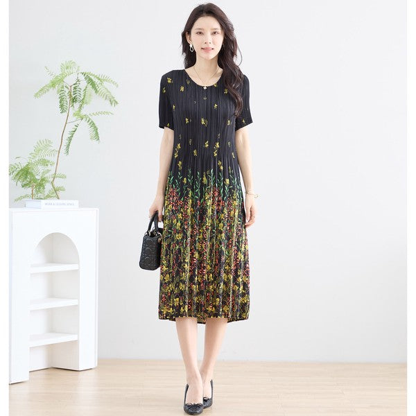 ブラック ボタニカル柄 総プリーツ ワンピース 半袖 ミディ丈 グラデーション