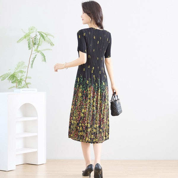 ブラック ボタニカル柄 総プリーツ ワンピース 半袖 ミディ丈 グラデーション