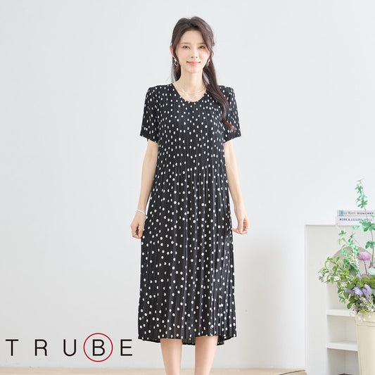 ブラック ドット柄 総プリーツ ワンピース 半袖 ロング マキシ 体型カバー M-L