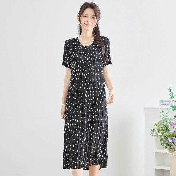 美品✨アナイ プリーツ ロングワンピース カットワーク ドット 38 ブラック ドット柄 総プリーツ ワンピース 半袖 ロング マキシ 体型