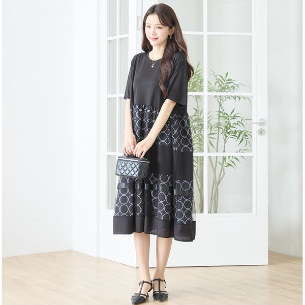 サークル柄 チュール 切替 ドッキング ワンピース 半袖 異素材 ゆったり L-LL