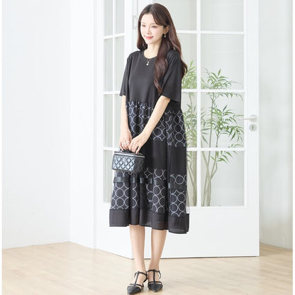 サークル柄 チュール 切替 ドッキング ワンピース 半袖 異素材 ゆったり L-LL