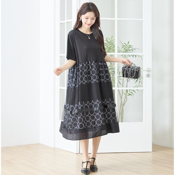 サークル柄 チュール 切替 ドッキング ワンピース 半袖 異素材 ゆったり L-LL