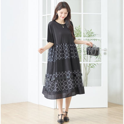 サークル柄 チュール 切替 ドッキング ワンピース 半袖 異素材 ゆったり L-LL