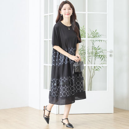 サークル柄 チュール 切替 ドッキング ワンピース 半袖 異素材 ゆったり L-LL
