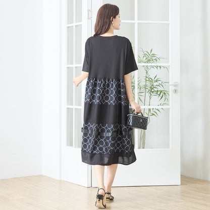 サークル柄 チュール 切替 ドッキング ワンピース 半袖 異素材 ゆったり L-LL