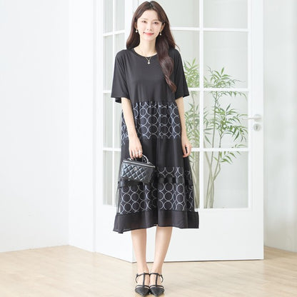 サークル柄 チュール 切替 ドッキング ワンピース 半袖 異素材 ゆったり L-LL