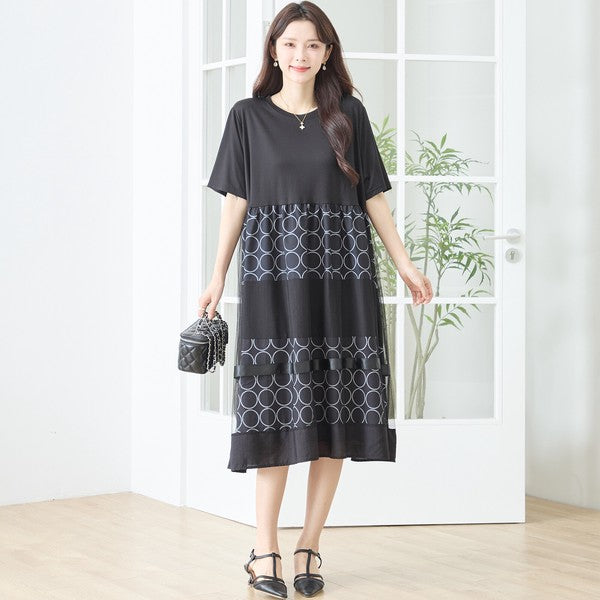 サークル柄 チュール 切替 ドッキング ワンピース 半袖 異素材 ゆったり L-LL