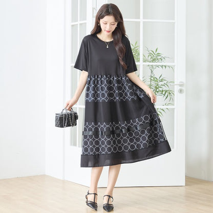 サークル柄 チュール 切替 ドッキング ワンピース 半袖 異素材 ゆったり L-LL