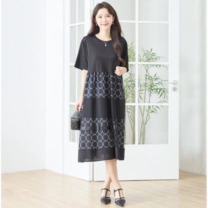 サークル柄 チュール 切替 ドッキング ワンピース 半袖 異素材 ゆったり L-LL