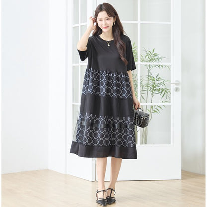 サークル柄 チュール 切替 ドッキング ワンピース 半袖 異素材 ゆったり L-LL