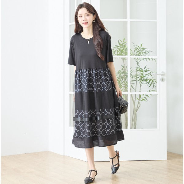 サークル柄 チュール 切替 ドッキング ワンピース 半袖 異素材 ゆったり L-LL