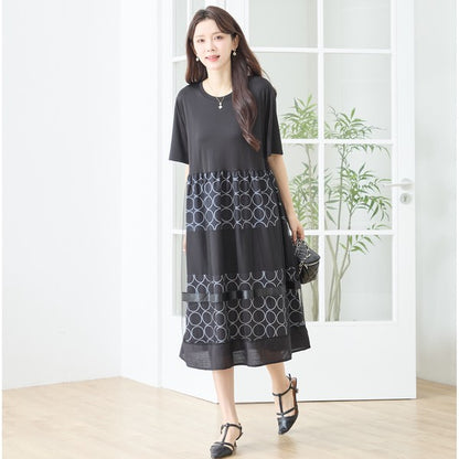 サークル柄 チュール 切替 ドッキング ワンピース 半袖 異素材 ゆったり L-LL