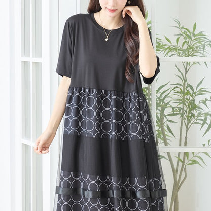 サークル柄 チュール 切替 ドッキング ワンピース 半袖 異素材 ゆったり L-LL