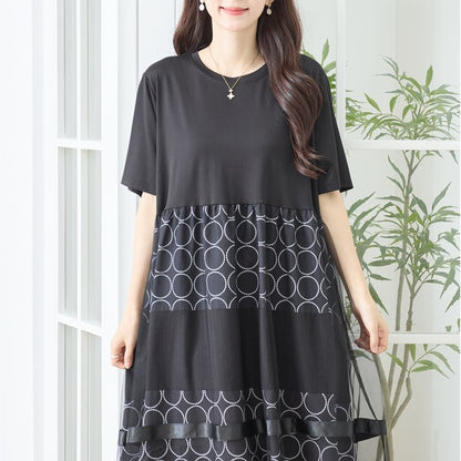 サークル柄 チュール 切替 ドッキング ワンピース 半袖 異素材 ゆったり L-LL