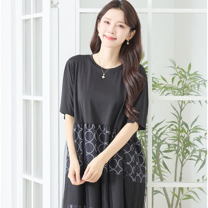 サークル柄 チュール 切替 ドッキング ワンピース 半袖 異素材 ゆったり L-LL