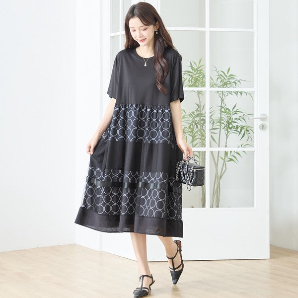 サークル柄 チュール 切替 ドッキング ワンピース 半袖 異素材 ゆったり L-LL