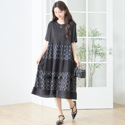 サークル柄 チュール 切替 ドッキング ワンピース 半袖 異素材 ゆったり L-LL