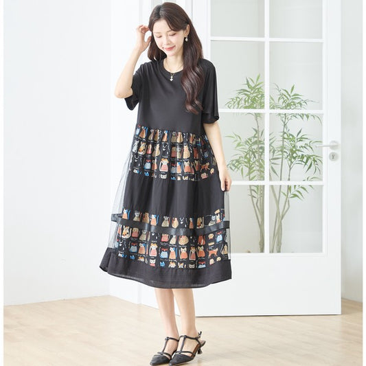 ブラック 異素材切替 チュール ワンピース 半袖 猫柄プリント 重ね着風 M-L