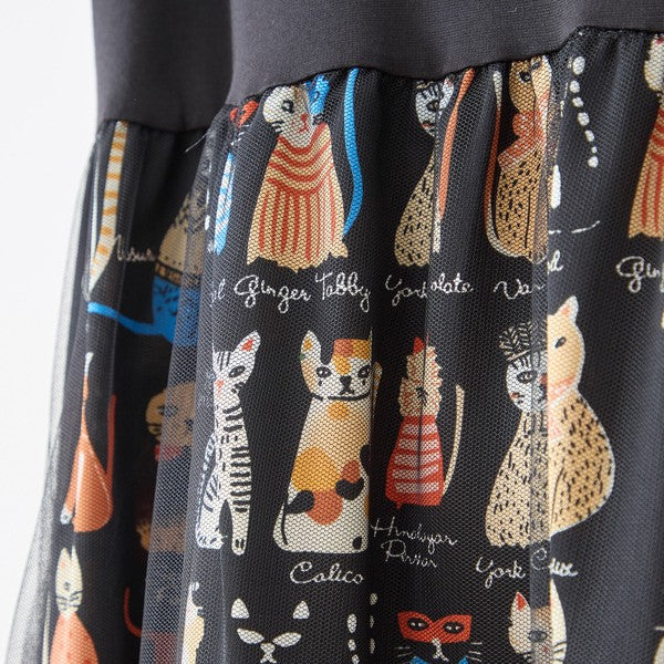 猫柄 チュール 切替 ワンピース 半袖 フレア ミモレ丈 ゆったり 体型カバー M-L