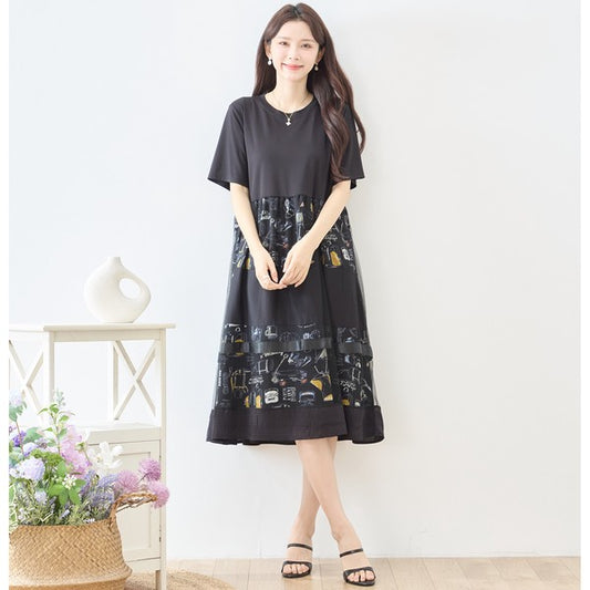 異素材切り替え チュール ワンピース 半袖 カフェ柄プリント 重ね着風 ゆったり M-L