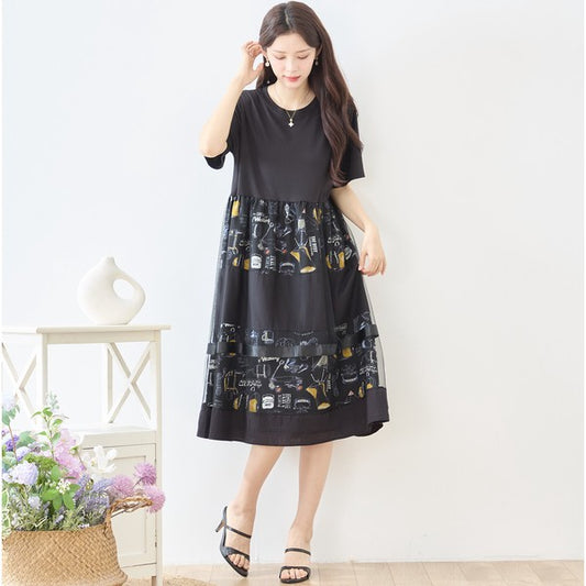 異素材切り替え チュール ワンピース 半袖 カフェ柄プリント 重ね着風 ゆったり M-L