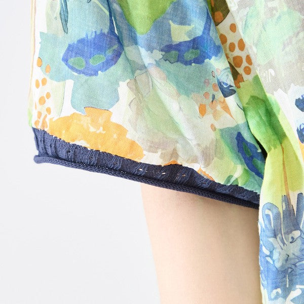 水彩 フラワー プリント Vネック ワンピース 半袖 綿100% ゆったり 春 夏 M-L