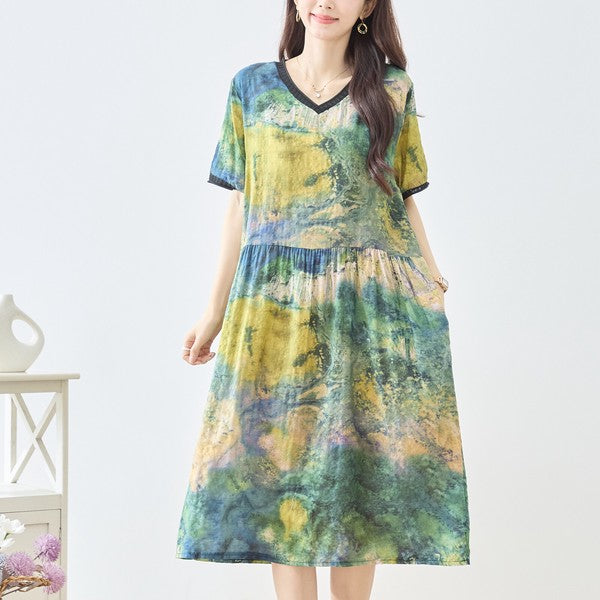 印象派風 プリント Vネック コットン ワンピース 半袖 綿100% M-L ゆったり 体型カバー