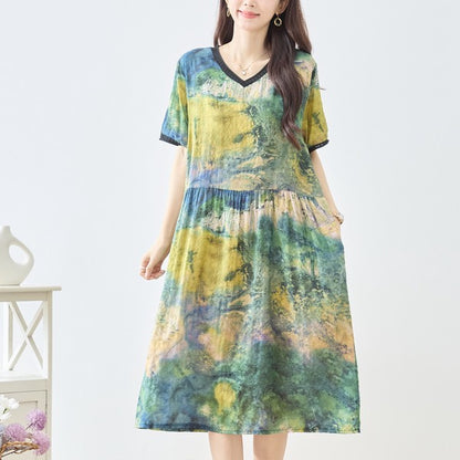 印象派風 プリント Vネック コットン ワンピース 半袖 綿100% M-L ゆったり 体型カバー