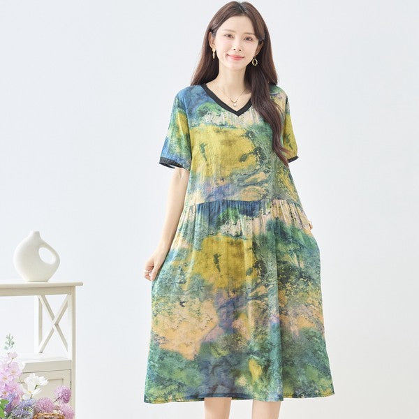 印象派風 プリント Vネック コットン ワンピース 半袖 綿100% M-L ゆったり 体型カバー