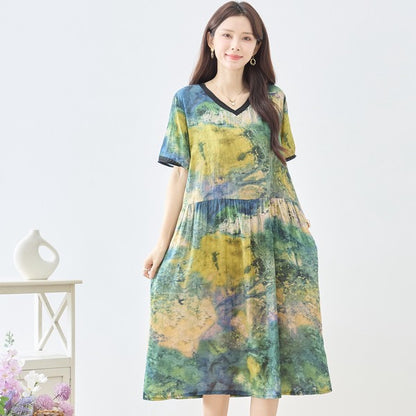 印象派風 プリント Vネック コットン ワンピース 半袖 綿100% M-L ゆったり 体型カバー