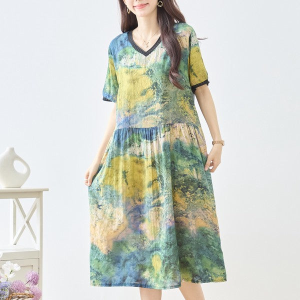 印象派風 プリント Vネック コットン ワンピース 半袖 綿100% M-L ゆったり 体型カバー