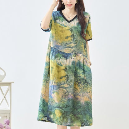 印象派風 プリント Vネック コットン ワンピース 半袖 綿100% M-L ゆったり 体型カバー