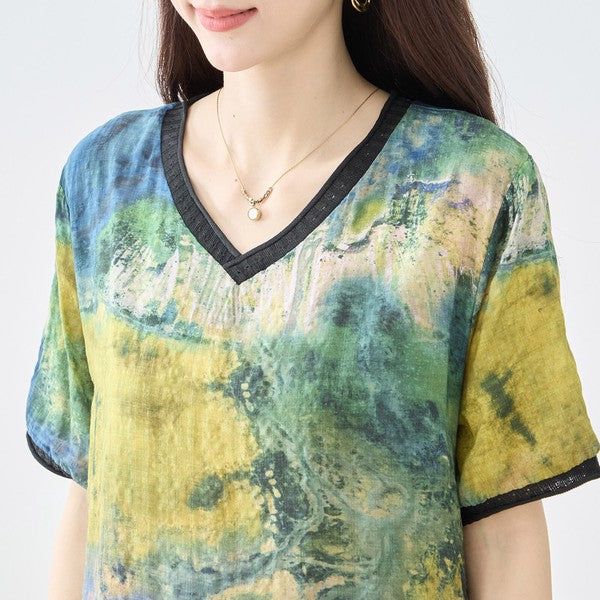 印象派風 プリント Vネック コットン ワンピース 半袖 綿100% M-L ゆったり 体型カバー