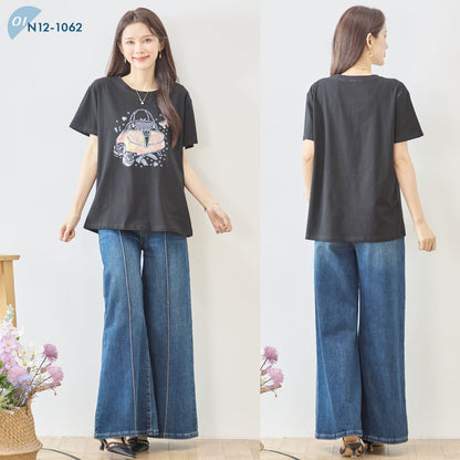 フラワー プリント Tシャツ 半袖 綿混 ストレッチ 涼しい トップス L-LL