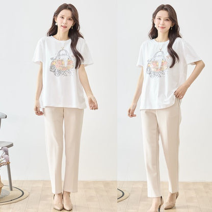 フラワー プリント Tシャツ 半袖 綿混 ストレッチ 涼しい トップス L-LL